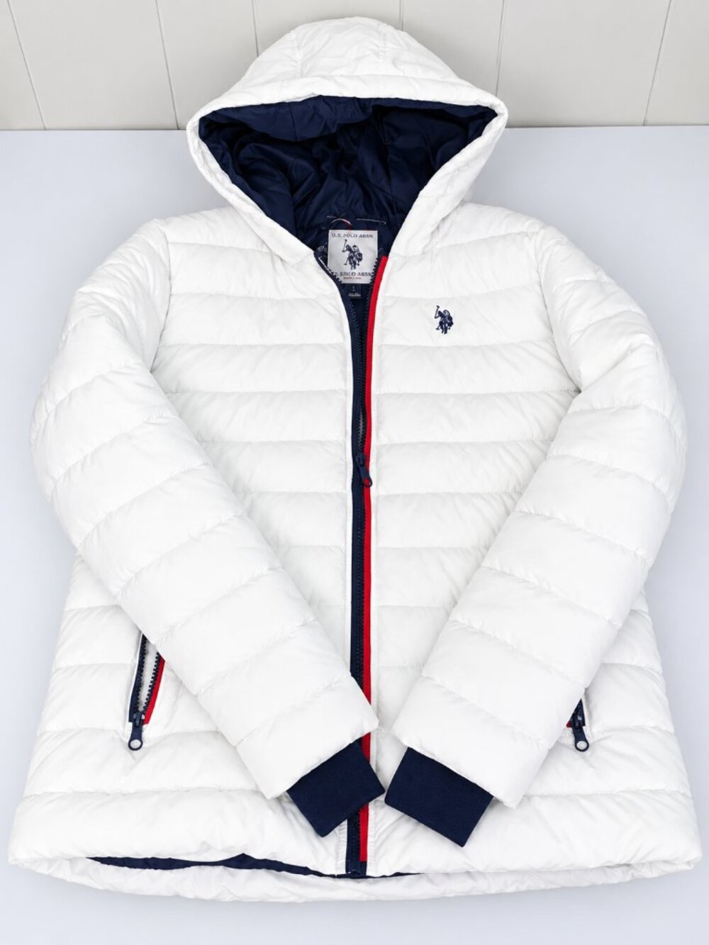 NEW U.S. Polo Assn White Hooded Puffer Coat - Womens Size Large NWT